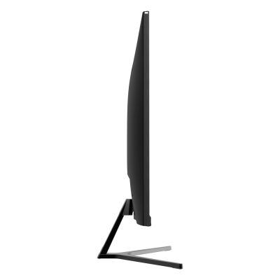 Monitor ultra fino preto visto de lado com suporte em V cinza.