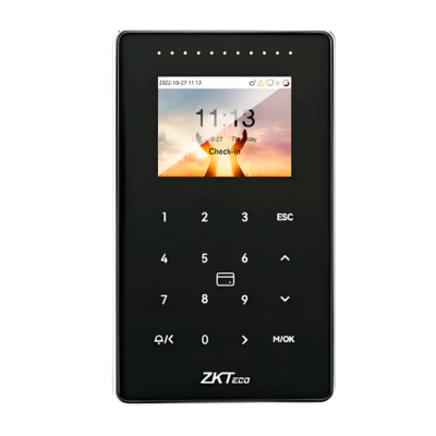 Leitor biométrico preto com visor colorido e teclado numérico táctil