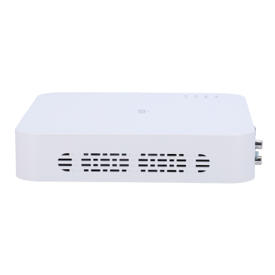 Leitor de vídeo digital branco com design retangular e ventilação frontal