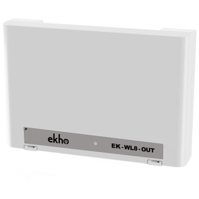 Dispositivo eletrônico branco com rótulo cinzento e texto ekho EK-WL8-OUT