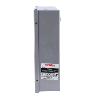 Equipamento de alarme Tecnofire metal cinza com etiqueta branca