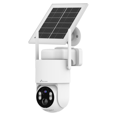 Câmara de segurança branca com painel solar e antenas