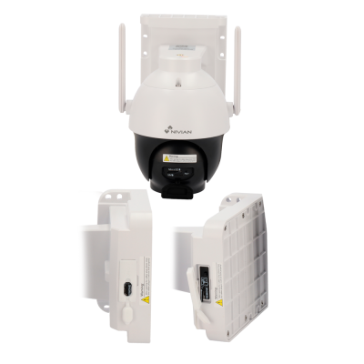Câmara de segurança exterior Nivian branca e preta com antenas e entradas Micro SD e SIM.
