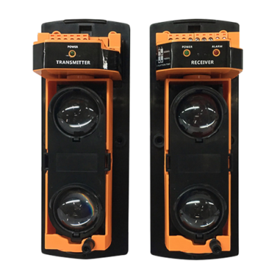 Dispositivos transmissor e recetor eletrónicos preto e laranja com lentes convexas e indicadores