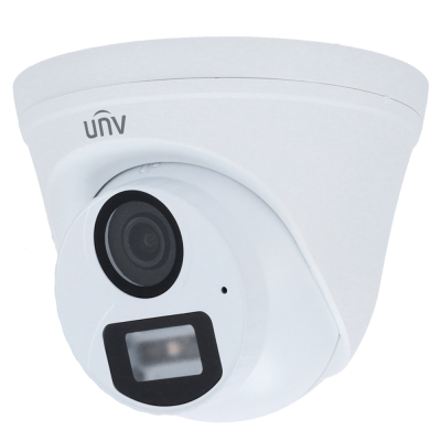 Câmara de vigilância dome branca com lente preta e logótipo UNV