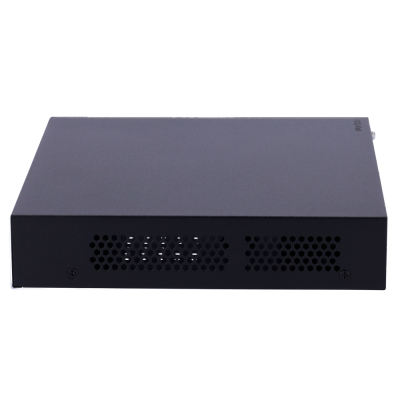 Dispositivo eletrónico preto rectangular com ventilação e parafusos visíveis