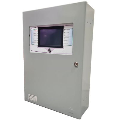 Painel metálico cinza de alarme de incêndio com ecrã e etiquetas