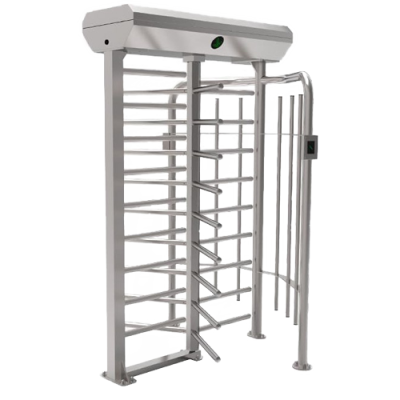 Torno de acesso giratório metálico prateado com barras horizontais e sensor verde
