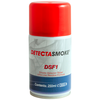 Frasco de aerosol DETECTASMOKE DSF1 com tampa vermelha e rótulo branco e azul.