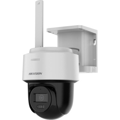 Câmara de segurança Hikvision branca e preta montada na parede