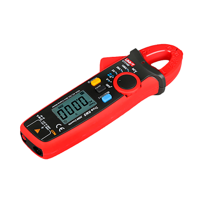 Alicate amperímetro digital vermelho e preto com tela LCD e seletor rotativo