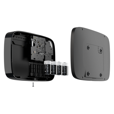 Dispositivo preto aberto com pilhas AA AXIAX visíveis e tampa traseira separada