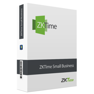 Caixa de software ZKTime Small Business branca com detalhes verdes e cinzentos