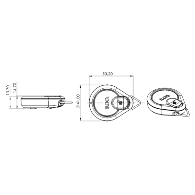 Desenho técnico do dispositivo ilook com dimensões e vista lateral, frontal e em perspectiva.