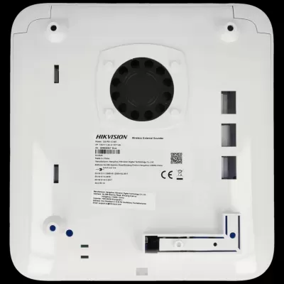 Parte traseira de dispositivo branco HIKVISION com alto-falante preto e etiqueta