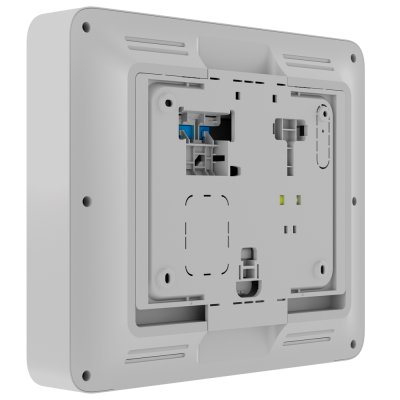 Parte traseira de dispositivo branco com recortes e componentes internos