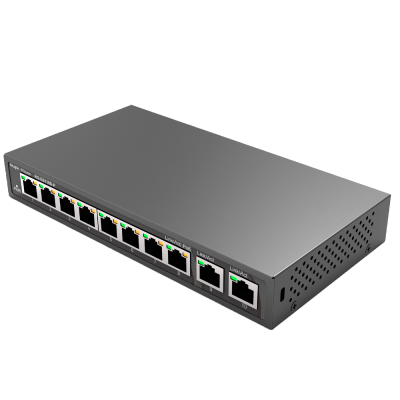 Comutador de rede metálico cinza com 10 portas RJ45 e LEDs indicadores
