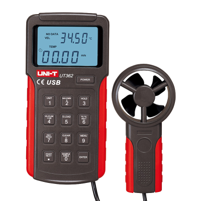 Anemómetro digital UNI-T UT362 com ecrã LCD e sensor de vento.