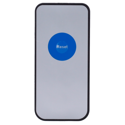 Comando remoto branco com botão azul Reset no centro