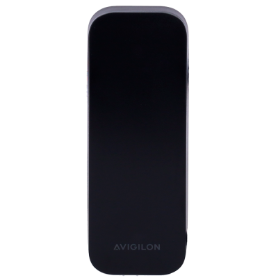 Dispositivo eletrônico preto retangular com texto AVIGILON
