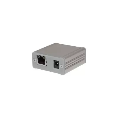 Dispositivo retangular metálico cinza com porta Ethernet e conector de energia