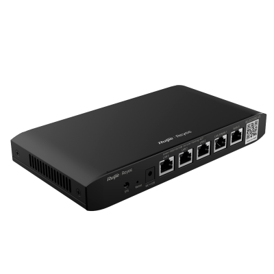 Dispositivo de rede preto com várias portas Ethernet e botão reset