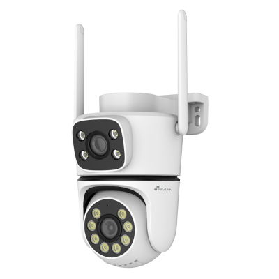 Câmara de vigilância branca com antenas e LEDs