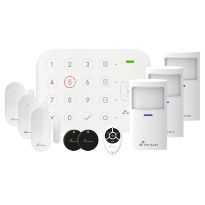 Dispositivos de segurança brancos com teclado, sensores e controlo remoto da marca Nivian