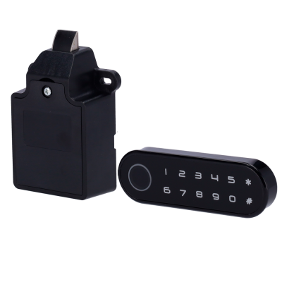 Fechadura eletrónica preta com teclado numérico e tranca preta