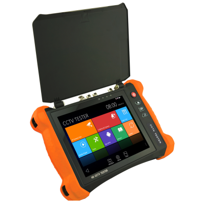 Dispositivo de teste CCTV preto com capa laranja e ecrã táctil colorido.