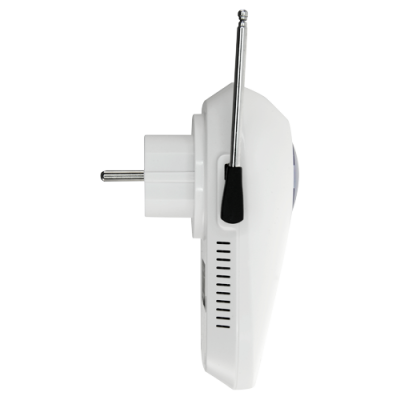 Aparelho eletrónico branco com ficha, botão e antena