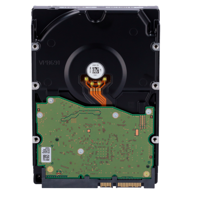 Disco rígido interno com placa de circuito verde e etiquetas visíveis