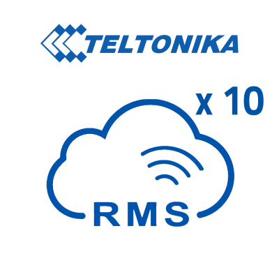 Logotipo TELTONIKA em azul com nuvem e símbolo Wi-Fi e texto RMS x 10