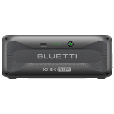 Bateria portátil BLUETTI B300K cinza com indicadores de bateria e porta USB