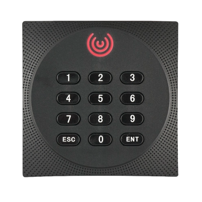 Teclado numérico preto com botões e símbolo vermelho