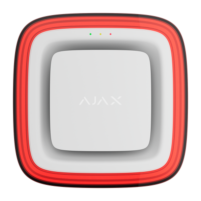 Dispositivo eletrónico quadrado branco com borda vermelha e LED verdes, amarelo, vermelho