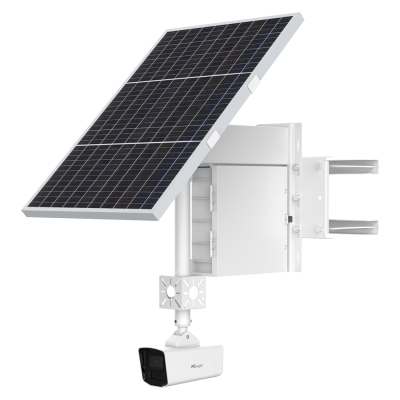 Painel solar com câmara de segurança branca Mesight numa estrutura metálica branca