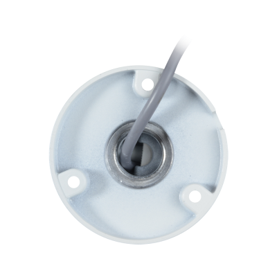 Suporte redondo branco e metálico para lâmpada com cabo cinzento.