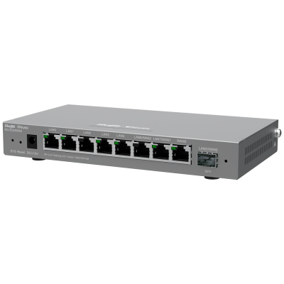 Switch de rede cinzento com várias portas Ethernet e texto impresso