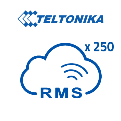 Logo TELTONIKA com uma nuvem azul e o texto RMS e x 250.