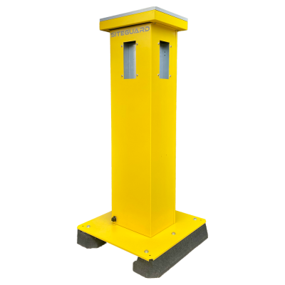 Estrutura metálica amarela SITEGUARD com base preta e janelas de monitorização