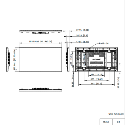 Desenho técnico de painel retangular com dimensões e texto MAXHUB
