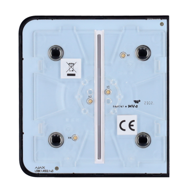 Componente eletrónico quadrado branco com conectores pretos e etiquetas CE e outros textos