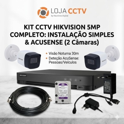 Kit CCTV Hikvision com 2 câmaras, gravador, disco rígido, cabos e adaptadores