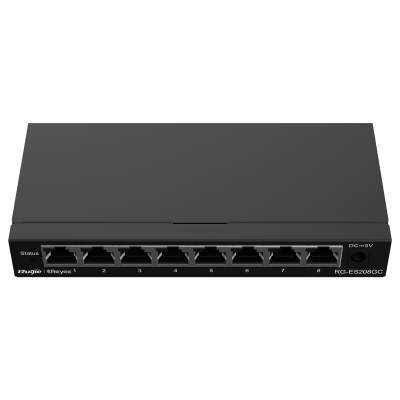 Comutador de rede de oito portas preto com indicadores LED e entradas numeradas.