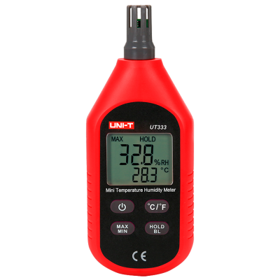 Medidor digital de humidade e temperatura vermelho e preto com ecrã digital
