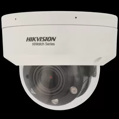 Câmara de vigilância do tipo domo branca com lente preta e texto HIKVISION HiWatch Series