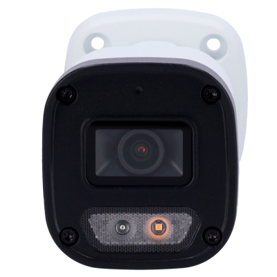 Câmara de vigilância branca com lente central e luzes LED