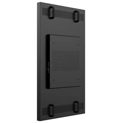 Painel preto retangular com suporte e ventilação perfurada