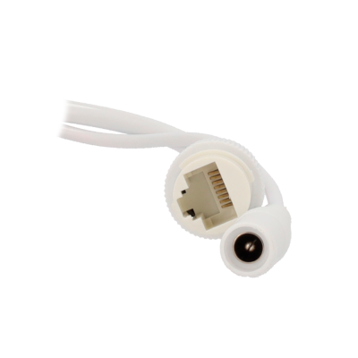 Conector com tomada de rede RJ45 e conector de alimentação DC branco